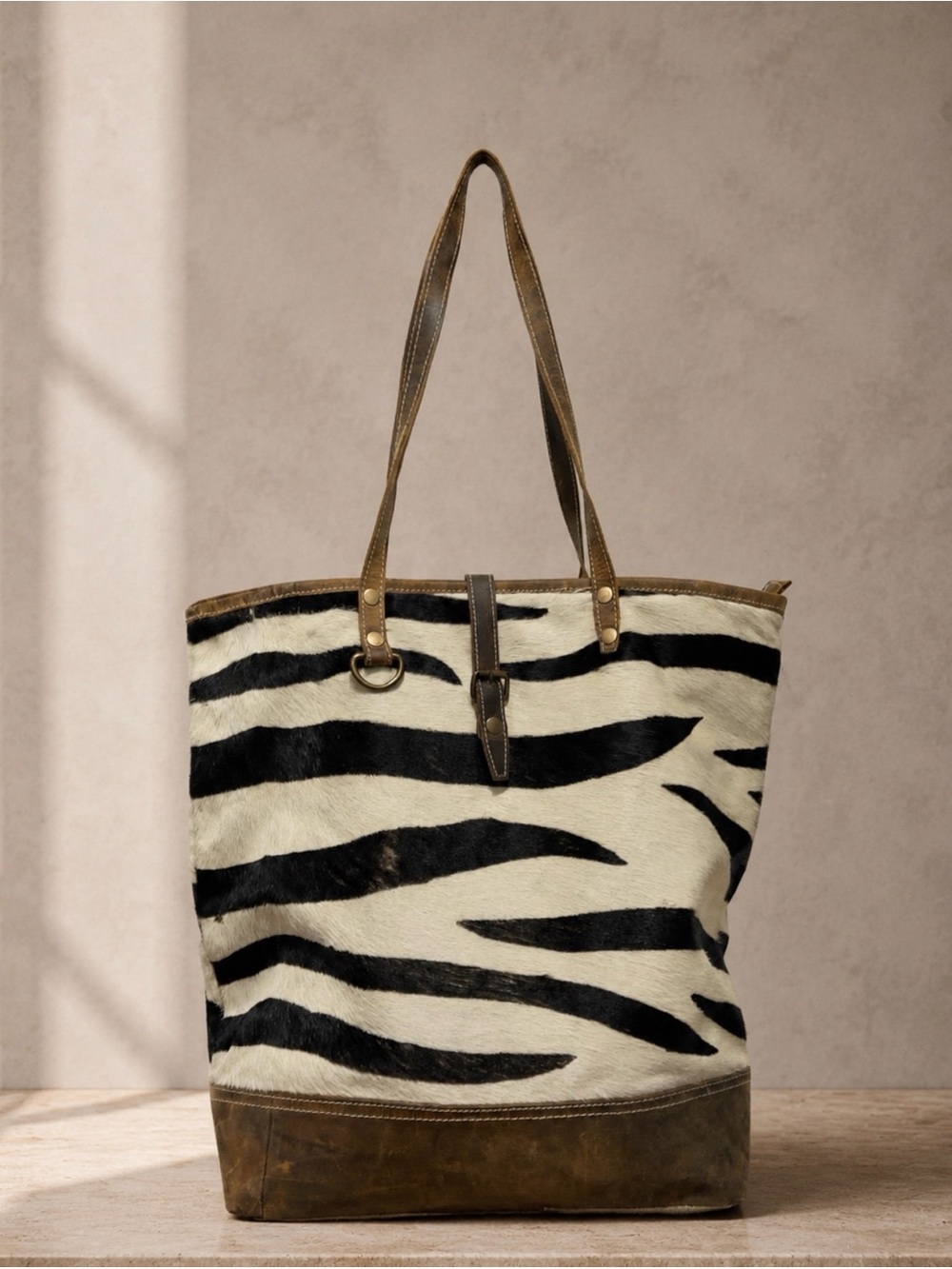 Myra Bag Black and White Zebra Print Leather western Tote